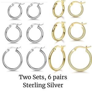 NEW 6 Pairs of Gold/925 Sterling Silver Hoops